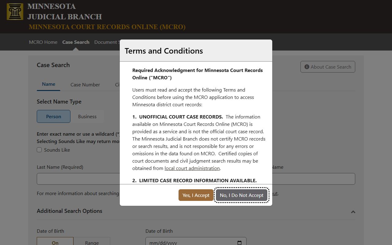 Minnesota MCRO search screen for Todd County court records after arrest