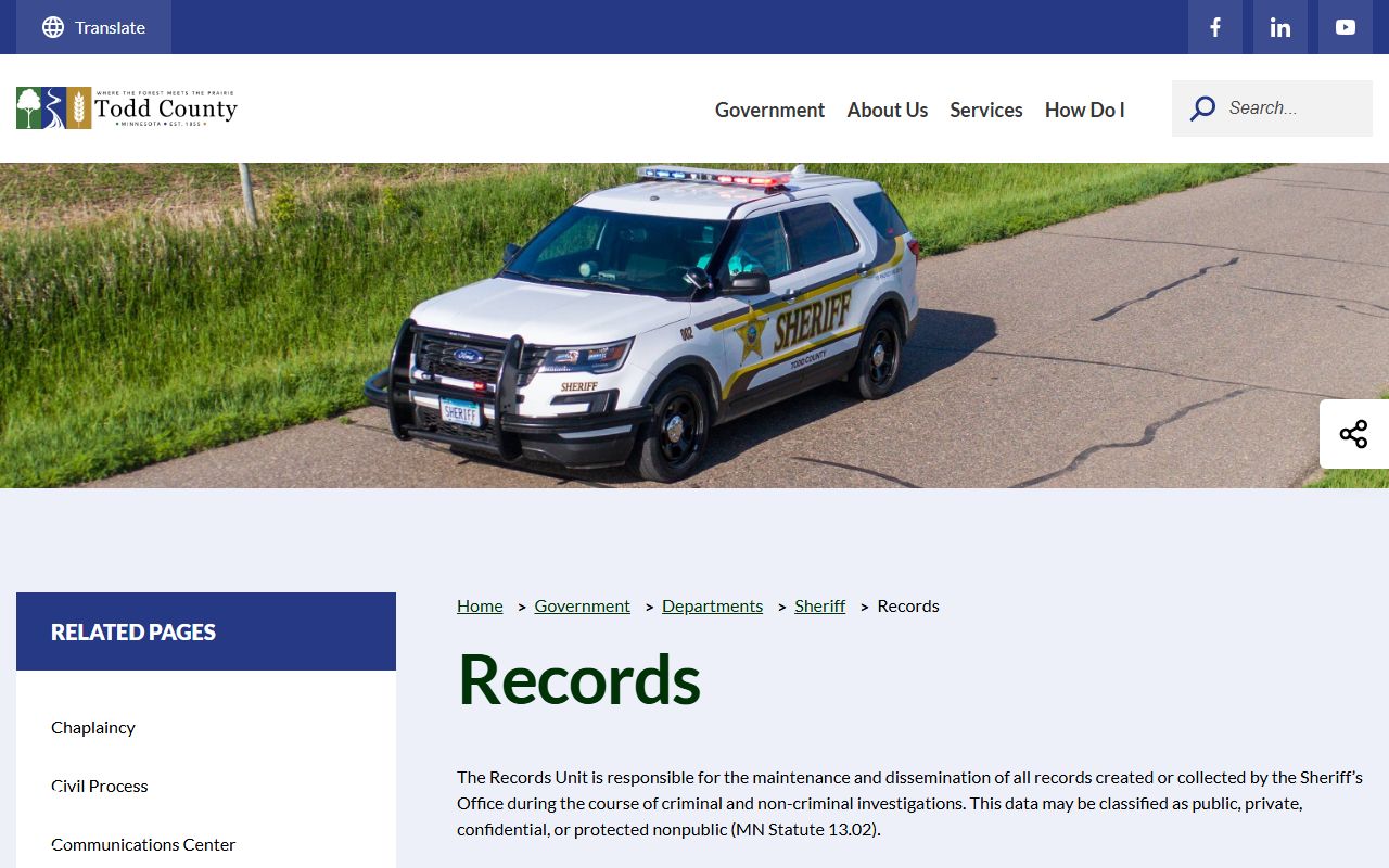 Todd County inmate records request page from the sheriff records unit